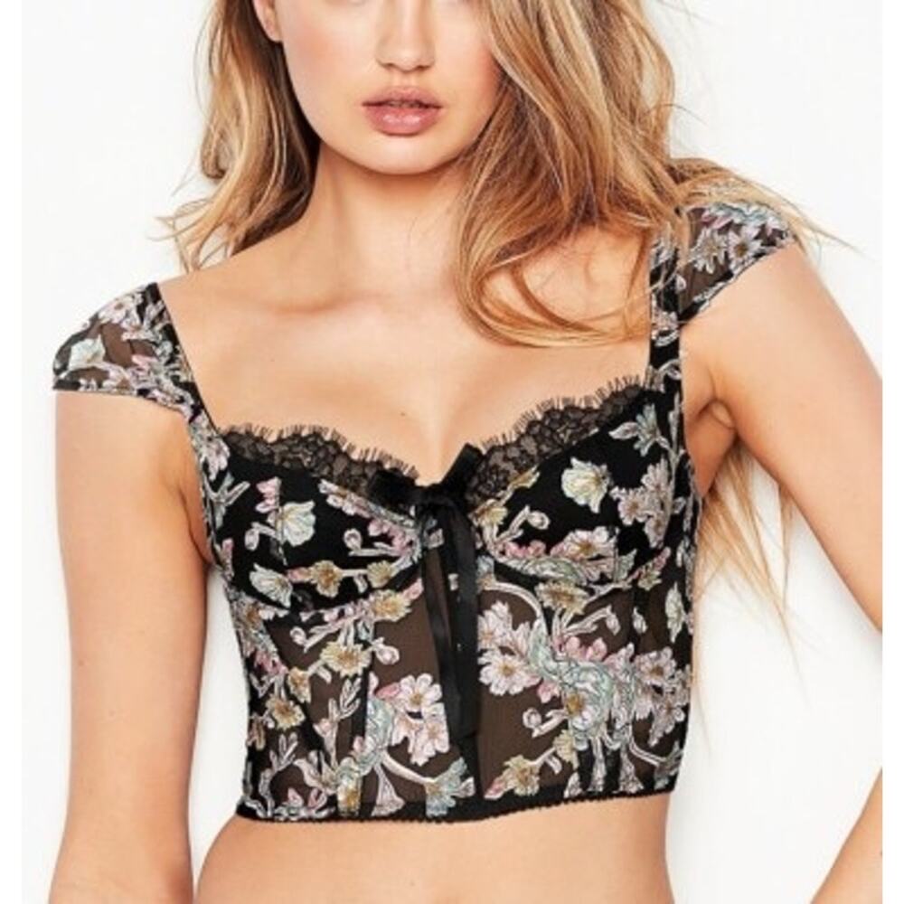 NEW Victoria’s Secret Dream Angels Floral Lace Longline Bra Black 34DD Romantic - Picture 1 of 12